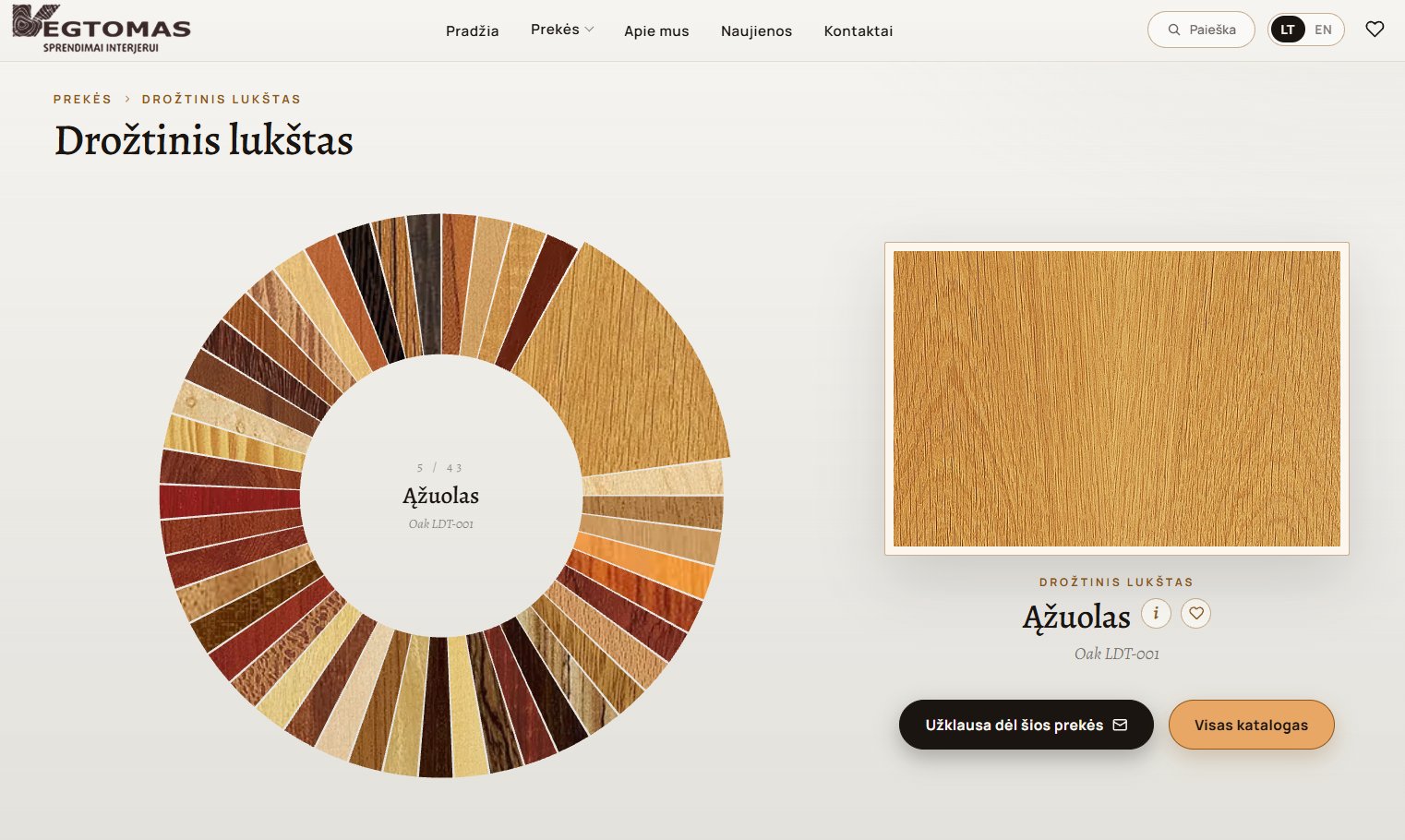 The Vegtomas veneer catalogue: a wheel of 43 wood species with oak selected and shown as a large sample.